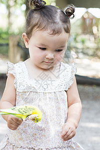 在动物园里抱着小鹦鹉的女婴图片