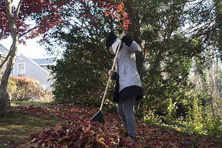女园丁在公园里清扫一堆秋叶图片