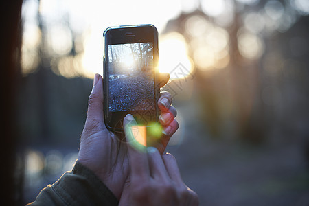 妇女用智能手机拍摄森林照片图片