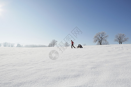 母亲拉着儿子骑雪橇图片