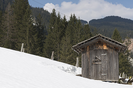 奥地利戈索西山边雪上木林小屋图片