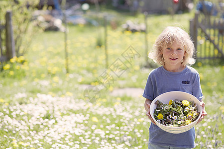 持有园林草药碗的年轻男孩肖像图片