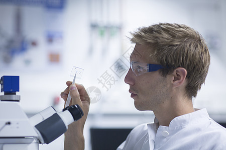 研究实验室显微镜幻灯片的男科学家背景图片