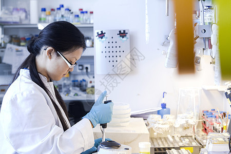 实验室中女科学家用吸管吸取样本图片