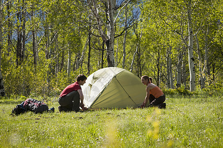 在美国犹他州瓦萨奇山森林建立背包旅行营地图片