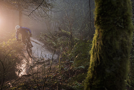 年轻男性山上骑自行车过森林岩石图片