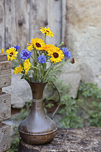 室外金属罐中的鲜花图片