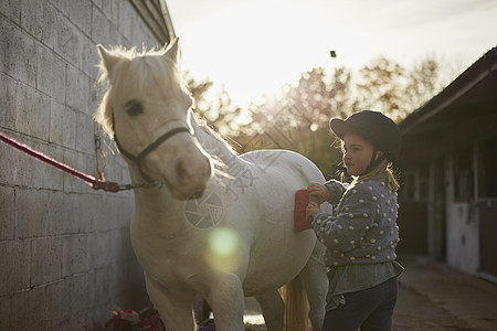 女孩在马厩上梳理白马图片