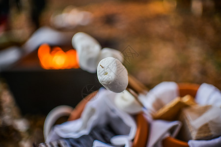 黄昏森林篝火旁棉花糖棒图片