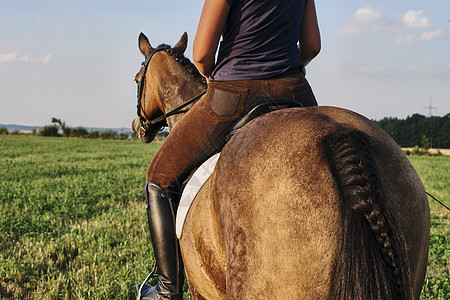 在草地上骑马的女人的背影图片