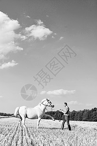 男人在野外训练马图片