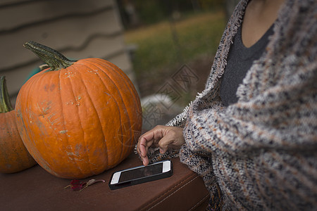 在花园使用智能手机触摸屏的成年女性图片