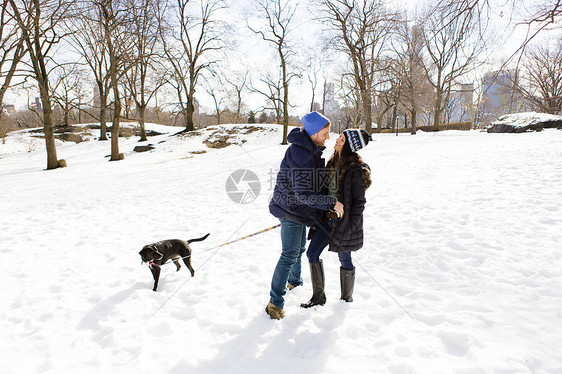 美国纽约中央公园站在雪地上遛狗的情侣图片