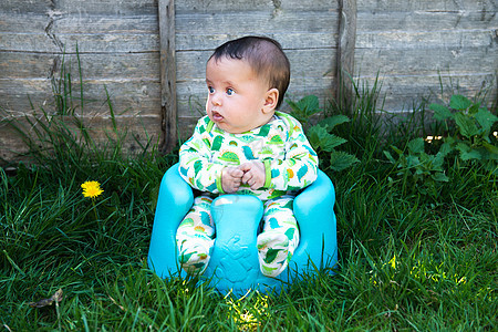 花园的小男孩坐在婴儿支持座位上图片