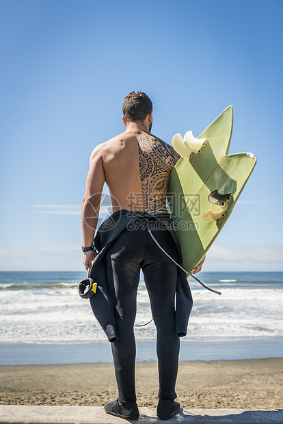 海滩上拿着冲浪板的成熟男性背影图片