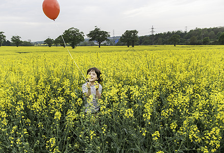 站在黄色花田里拿着红气球的男孩肖像图片