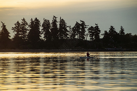 美国华盛顿州班布里奇岛温斯洛普吉特湾男子划艇单桨剪影图片
