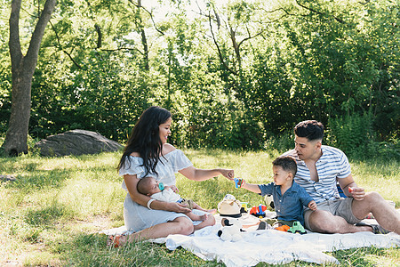 在美国纽约布朗克斯PelhamBay公园的野餐毯上父母与婴儿和幼玩耍图片