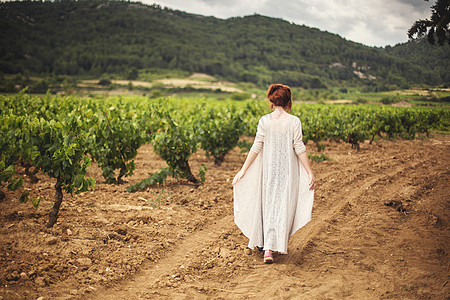 在法国布特纳克的葡萄园后视区走过葡萄园的年轻妇女图片