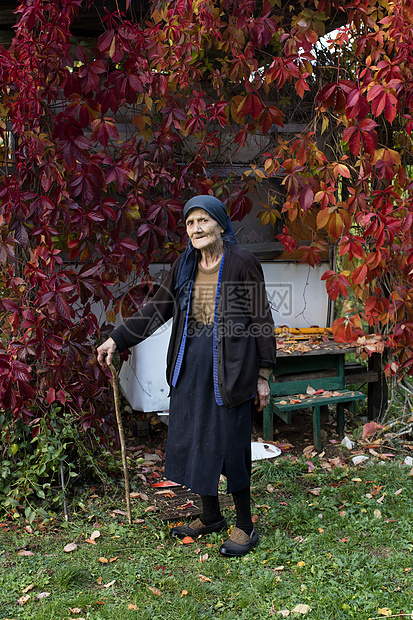 秋天花园里的老奶奶图片