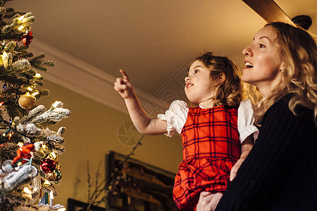 母亲抱着的女儿指着圣诞树的装饰图片