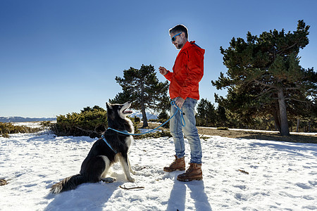 在雪地中训练狗的成熟男子图片