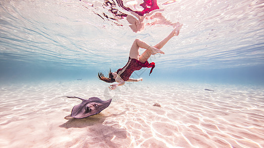 女自由潜水员在海底刺线附近游泳图片