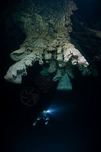 Scuba潜水员探索丛林下沉洞穴中被称为铃声的独特自然构造图片