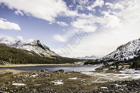 雪和山美国加利福尼亚州约塞米特公园湖和山丘景象背景