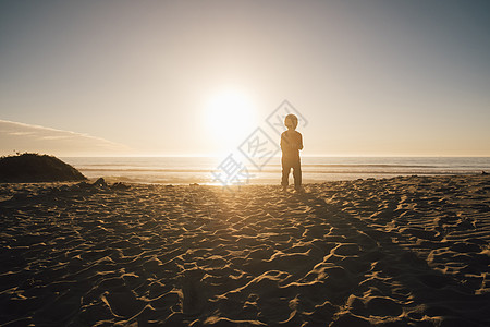 美国加利福尼亚州海滩上站在的小男孩图片