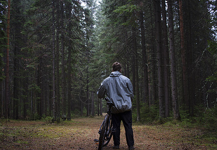 男山地自行车手仰望森林的背影图片