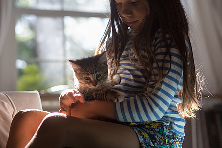 小猫坐在女孩大腿上图片
