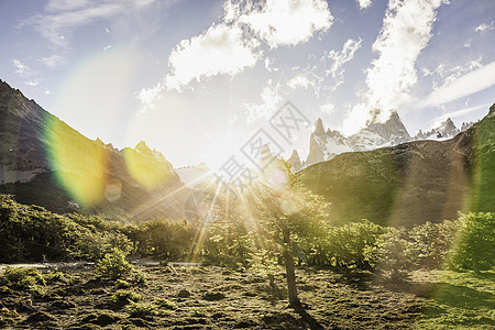 阿根廷巴塔哥尼亚洛斯格拉西雷公园Sunlit风景和FitzRoy山脉图片