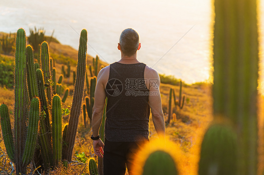 男人放松的站立看风景周围环绕着cactiJericoacoara公园巴西塞阿拉图片