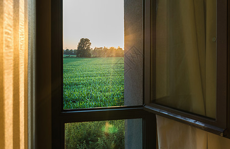 日落时绿田窗口视图图片