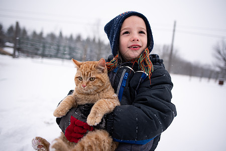 男孩在雪地里抱着猫图片
