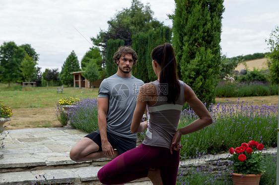 男人和女在花园做瑜伽树上摆姿势图片