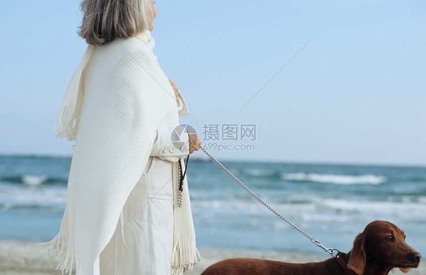 高级女子在海上行走狗图片