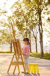 儿童画画户外郊游画画的小女孩形象背景