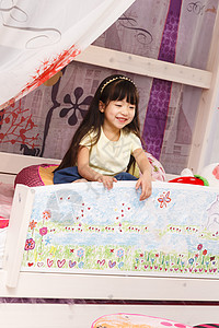 卡通女孩生活可爱的小女孩在床上玩耍背景