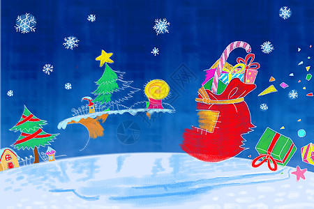 树卡通圣诞夜雪景插画背景