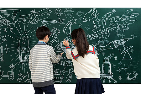 火箭上人快乐儿童研究黑板上的宇宙漫画背景