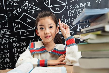 数学课本黑板前学习的小女孩突发灵感背景