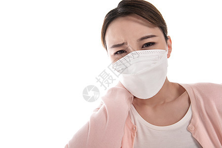 颈椎生病的青年女人戴口罩图片
