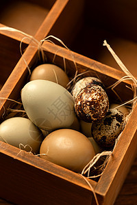 木格容器里的鸡蛋和鹌鹑蛋图片