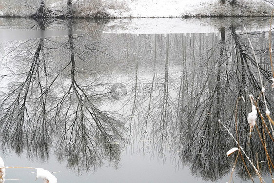 下雪后的湖边和山上风景图片