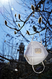 白色北京素材户外悬挂在树枝上的口罩背景