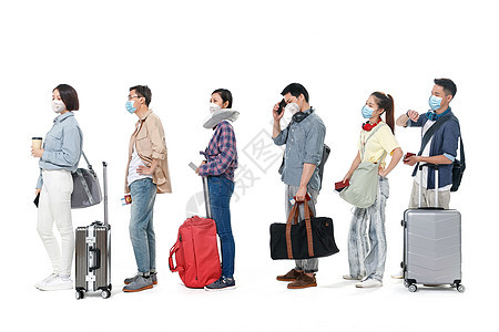 防护防流感口罩全身像戴口罩排队的旅客图片