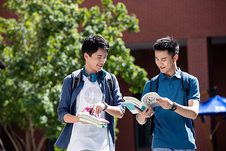 校园里边走路边探讨学习的年轻男子图片