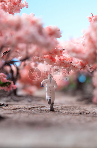 樱花树下的医护人员奔跑的背影图片